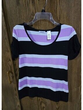 Liz & Co. Striped T-Shirt White Black Purple
